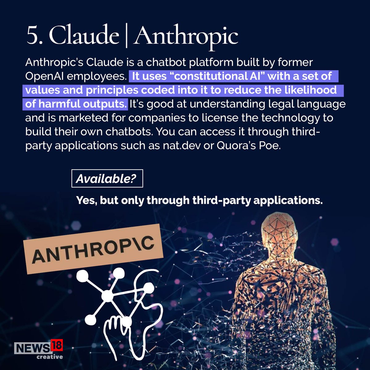 CNBCTV18News's tweet photo. Conversational Champions: Exploring the world of AI chatbots. 

#AI #artificialintelligence #AIChatBot #chatgpt #Bing #BlenderBot 
#GoogleBard #Anthropic #snapchatmyai #replika #Chatsonic 

Read more at https://t.co/SM6GddqbWG https://t.co/DzJDdXO9TJ