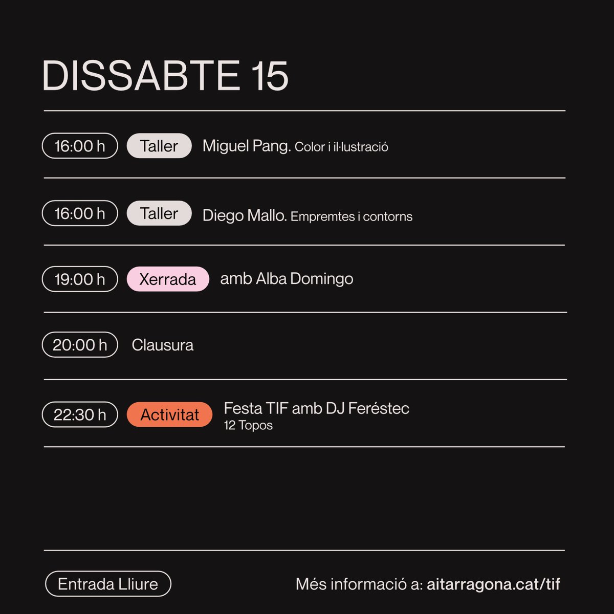 Ja tenim el programa preparat.
Seran unes jornades plenes de professionals que ens oferiran xerrades, tallers i book reviews. 🤩

Inscripcions a partir de l'1 d'abril a  aitarragona.cat/tif

#illustracio #tiftarragona #tif #tgn #cultura #culturatgn #tarragona