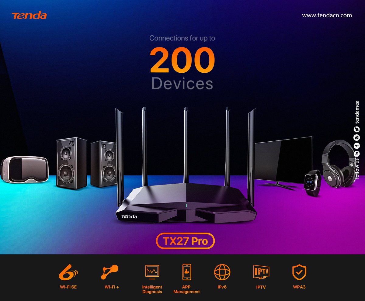 Tenda TX27 Pro: AX5700 Tri-Band Gigabit Wi-Fi 6E Router

More Enjoyable with Multiplayer

Know more: tendacn.com/ae/product/tx2…

#tenda #tendamea #tendawifi6 #tendawifi6e #Wifi6Router #wifi6erouter