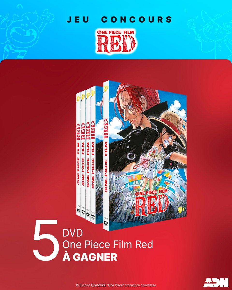 ADNanime's tweet photo. [CONCOURS ONE PIECE FILM – RED] 🔴

Tentez de remporter 5 DVD One Piece Film – Red à l'occasion de sa sortie en DVD, Blu-Ray et Steelbook ! 
Pour participer : 
- Follow @ADNAnime et @PatheFilms
- RT ce tweet ! 

TAS le 03/04 🏴‍☠️

Voir le règlement : https://t.co/smhBxBMWCn https://t.co/iOv853eh7f