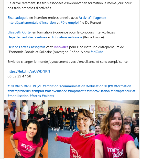 ImproActif's tweet photo. Rare, les 3 associées d'#ImproActif en formation le même jour pour nos 3 branches d'activité :  
-insertion professionnelle avec @activity7892  -formation éloquence pour le concours inter-collèges (78 et @education_gouv )
- entreprises sociales solidaires avec @innovales Savoie https://t.co/4uopJWno0q