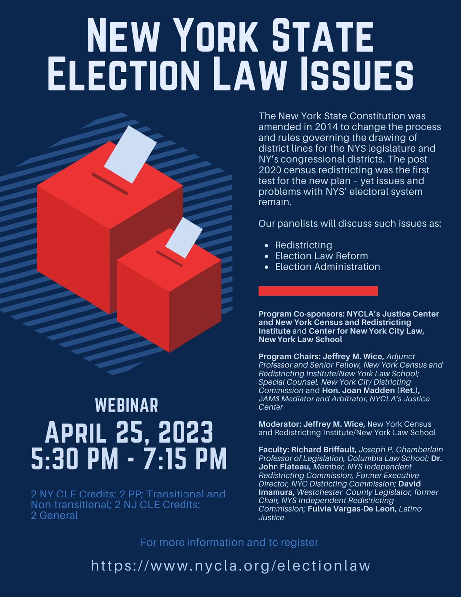 All about New York State redistricting. Join us on April 25. @nylawschool <a href="/nycla/">NYCLA</a> <a href="/RedistrictNet/">The Redistrict Network</a> <a href="/JeffWice/">Jeff Wice</a> @davidimamura @latinojustice