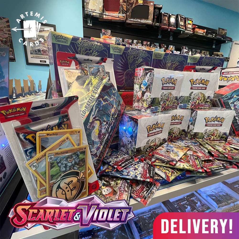Artemis_Cards's tweet photo. Scarlet and Violet is nearly here! 

We have received our stock ready for release day! Make sure to show us your pulls, tag us and we might repost it!

For more information on pricing, pop in store or send us a message! https://t.co/JGRzhF0jsR