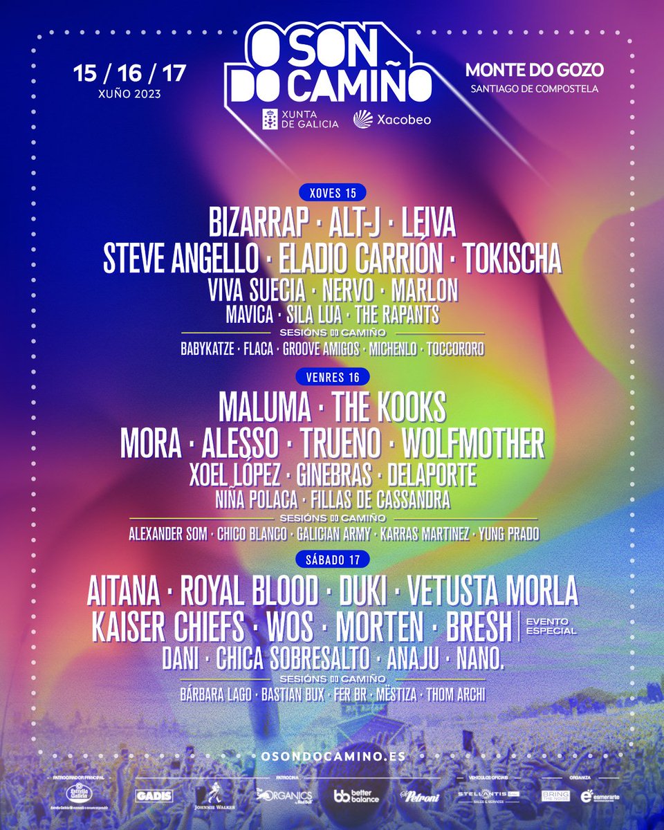OSonDoCamino's tweet photo. CARTEL POR DÍAS O SON DO CAMIÑO 2023! ✨

Corre ao noso Instagram, temos preparado un sorteazo para ti! 🥳

Últimos abonos á venda o 31 de marzo ás 12:30h en https://t.co/cIZnfvJelB 🎟️

Entradas por día á venda próximamente 🕰️

#Xacobeo #OSonDoCamiño https://t.co/OFSOfHBixy