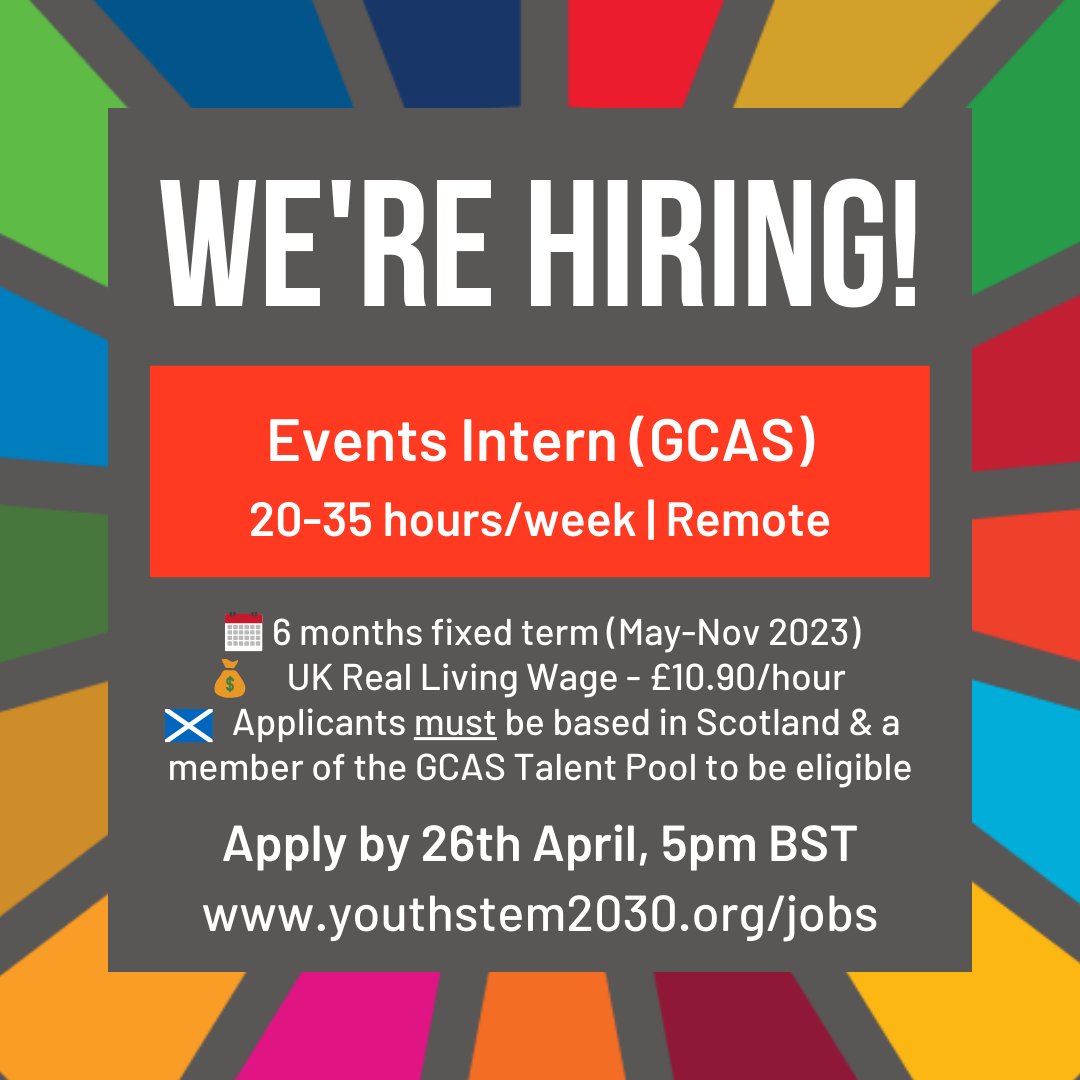 YouthSTEM2030's tweet photo. 📢 We're hiring!! 📢 

We're looking for a proactive, organised and creative graduate in 🏴󠁧󠁢󠁳󠁣󠁴󠁿 to join our global team as an Events Intern!

⏲️ 20-35 hours/week (flexible working pattern)
🌍 Remote⁠
💰 £10.90/hour

Find out more ➡️ https://t.co/ALroPLiq1E https://t.co/xtqeTo7CuU