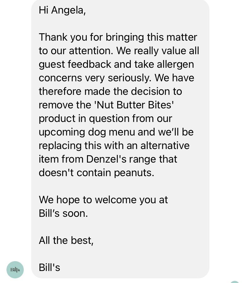Good to see Bills restaurant listen to feedback after they announced they would be selling peanut butter dog treats . #allergyaoplause #allergyhour
