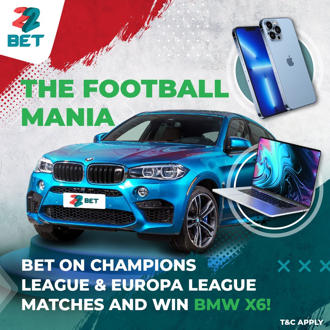 22betNaija's tweet image. Don't miss out!! Participate in football ⚽  mania from 22BET and win outstanding prizes.

Place a bet 🎰 on any UCL or Europa League 🏆 games and stand a chance to win a BMW X6 🚘, MacBook Pro 💻 , iPhone 13 Pro 📱 &amp;amp; more.

T&amp;amp;C applies, this is a @22bet_official global campaign