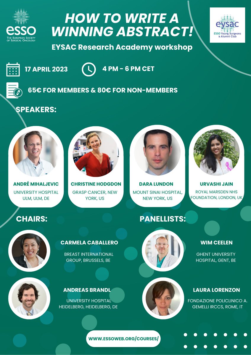 European Society of Surgical Oncology (ESSO) (@essonews) on Twitter photo ๐จ<a href="/EYSAC1/">EYSAC</a> Research Academy Workshop-How to write a winning #abstract! ๐
๐๏ธ 17 April 2023
๐ 4pm to 6pm CET
๐ essoweb.org/courses/eysac-โฆ
Don't miss this opportunity to prepare for Dragon's Den Session at #ESSO42
<a href="/Carmela_surgery/">Carmela Caballero</a> <a href="/AndreasBrandl8/">Andreas Brandl</a> <a href="/WimCeelen/">Wim Ceelen</a>
<a href="/LauraLorenzonMD/">Laura Lorenzon</a> ๐จ<a href="/EYSAC1/">EYSAC</a> Research Academy Workshop-How to write a winning #abstract! ๐
๐๏ธ 17 April 2023
๐ 4pm to 6pm CET
๐ essoweb.org/courses/eysac-โฆ
Don't miss this opportunity to prepare for Dragon's Den Session at #ESSO42
<a href="/Carmela_surgery/">Carmela Caballero</a> <a href="/AndreasBrandl8/">Andreas Brandl</a> <a href="/WimCeelen/">Wim Ceelen</a>
<a href="/LauraLorenzonMD/">Laura Lorenzon</a>