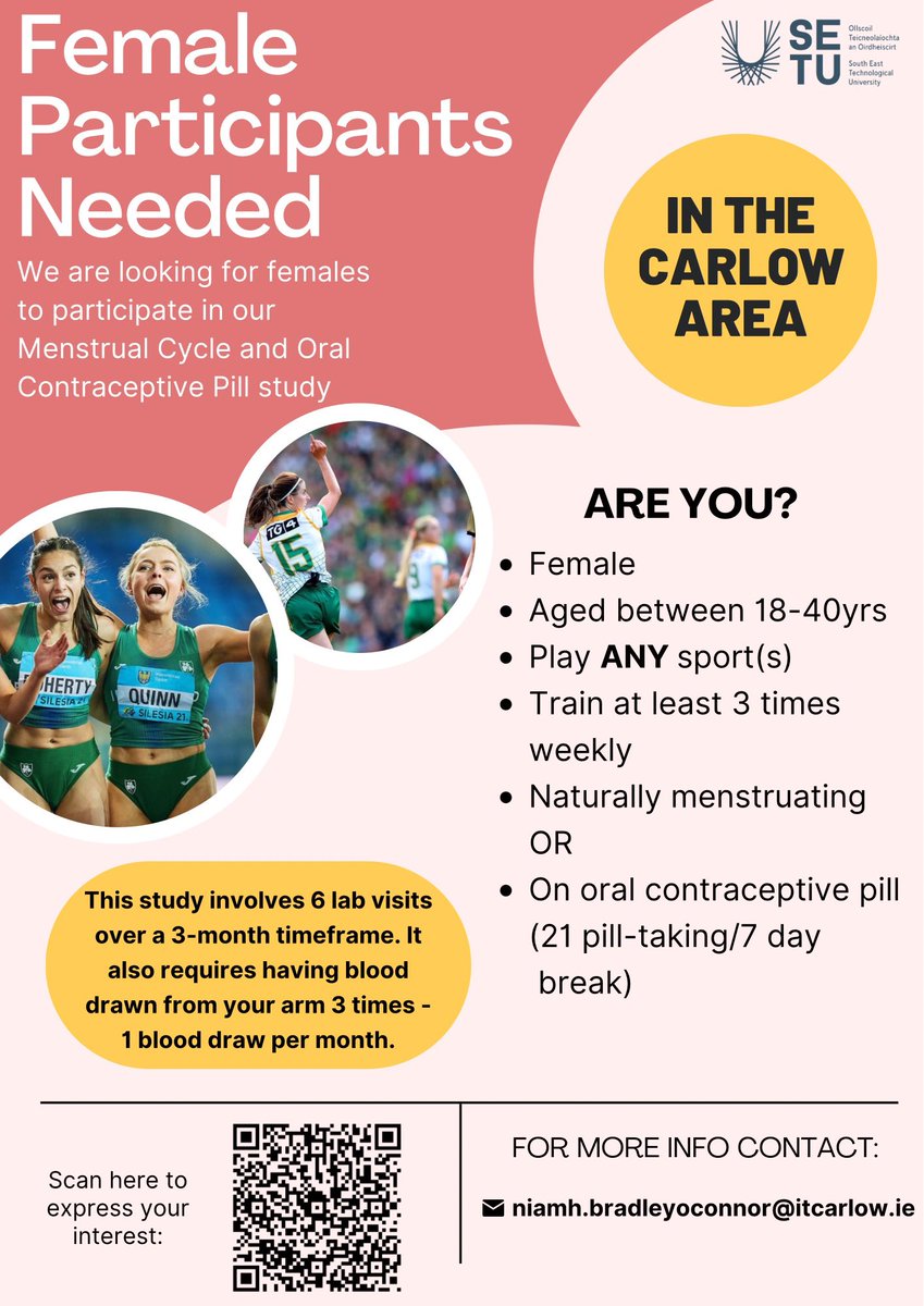 📢📢Female Participants Needed - In the Carlow area📍
If you want to know more, please fill out this short form forms.office.com/e/bqxmgQpFwf 
or contact me directly. 
Shares welcome. 

#femaleathlete #research #womeninsport #menstrualcycle #hormonalcontraception #bodycomposition