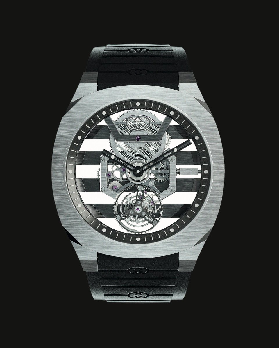 #gift #luxury During a special event in Geneva at the Gucci Greenhouse, the House presented a preview of its #GucciHighWatchmaking 2023 designs, including the #GUCCI25H Skeleton Tourbillon whose caliber can be admired through the transparent case back. #…