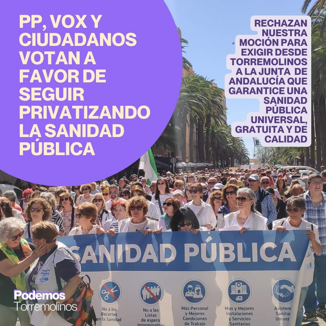 La hoja de ruta de Moreno Bonilla respecto a la sanidad está muy clara: DESMANTELAR LA PÚBLICA PARA PRIVATIZARLA.Hoy ha vuelto a quedar en evidencia con el voto de PP, Vox y Cs en el Pleno en contra de nuestra moción para apoyar una #SanidadPública,universal,gratuita y de calidad