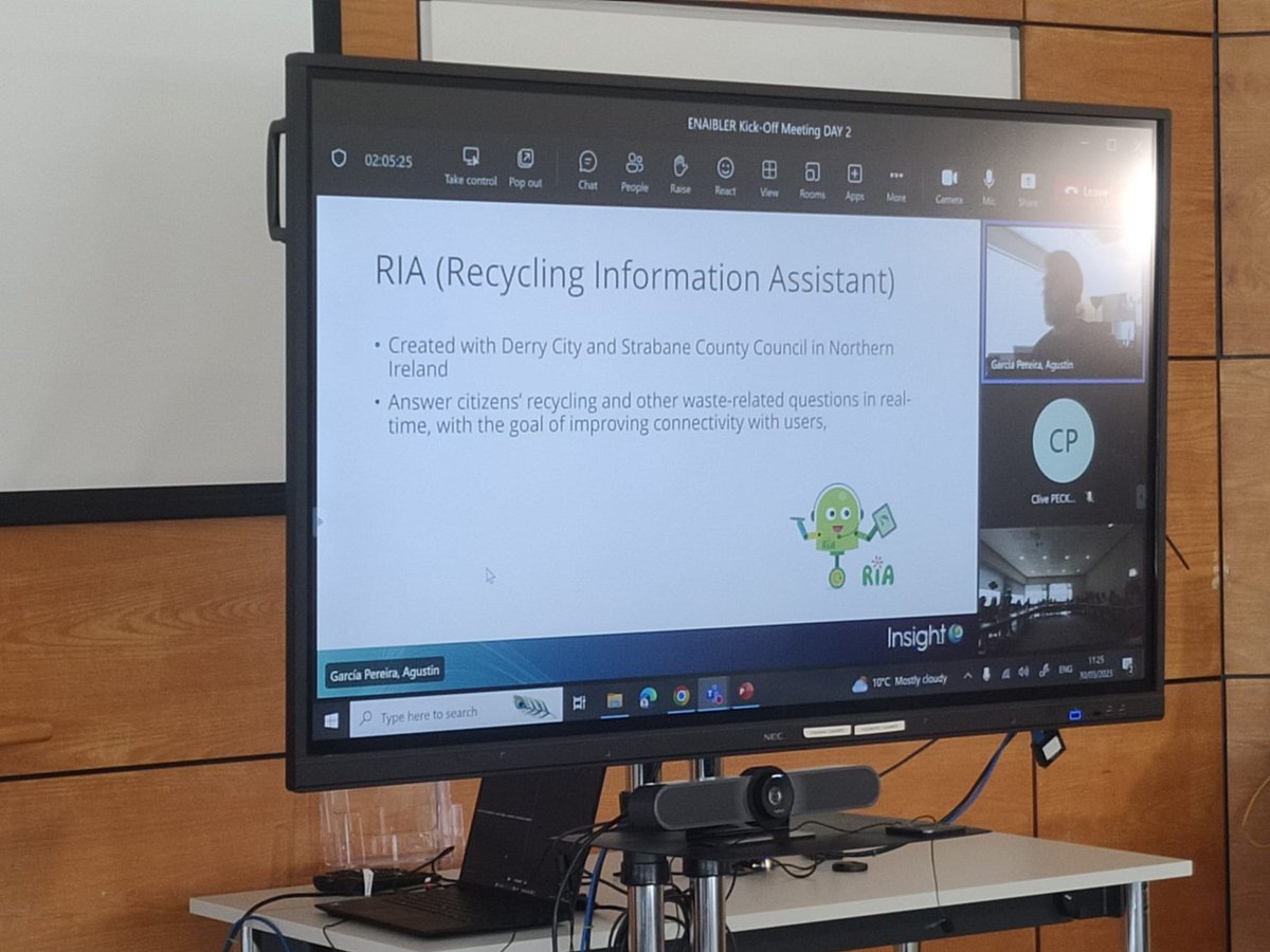 ENAIBLER's tweet photo. 👏Agustin Garcia Pereira from @insight_centre has joined online to #ENAIBLERproject meeting to share their experience in @EMERGREENnpa when creating #AI powered chatbot for @dcsdcouncil named RIA that provides 24/7 information on recycling and waste management to citizens. https://t.co/KWhpM8x6Tw