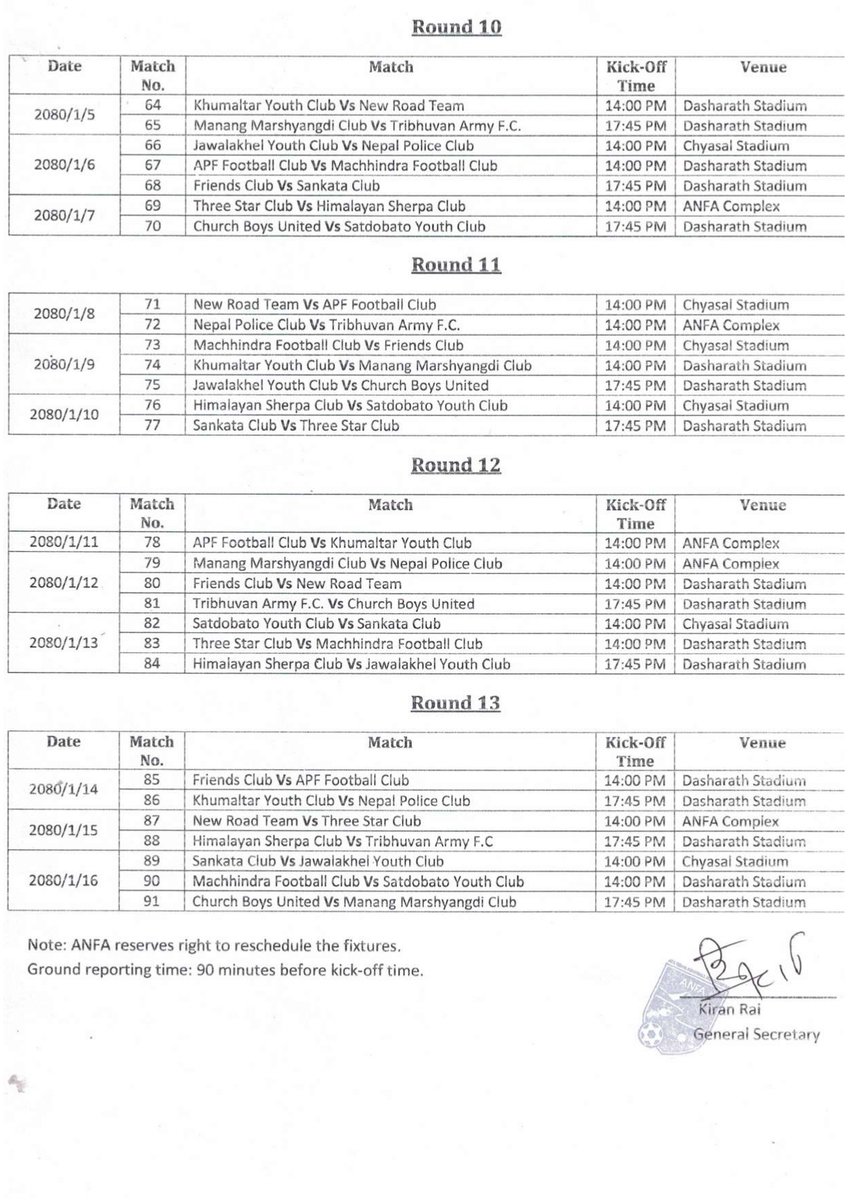 All Nepal Football Association on Twitter "Fixtures from sixth to 13th