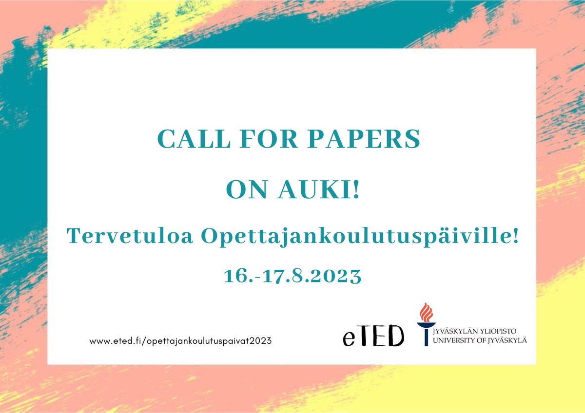 JYU Faculty of Education and Psychology (@jyuedupsy) on Twitter photo Kansallisten Opettajankoulutuspäivien Call for Papers on auki! Teemana on opettajankoulutus ja polarisaatio – mitä meidän tulee tehdä toisin? Tervetulleita ovat edistyneet & keskeneräiset tutkimukset sekä käytänteet. 👉 r.jyu.fi/ETJ #JYUnique <a href="/eTEDverkosto/">eted</a> <a href="/jyu_okl/">Jyväskylän yliopiston opettajankoulutuslaitos</a> Kansallisten Opettajankoulutuspäivien Call for Papers on auki! Teemana on opettajankoulutus ja polarisaatio – mitä meidän tulee tehdä toisin? Tervetulleita ovat edistyneet & keskeneräiset tutkimukset sekä käytänteet. 👉 r.jyu.fi/ETJ #JYUnique <a href="/eTEDverkosto/">eted</a> <a href="/jyu_okl/">Jyväskylän yliopiston opettajankoulutuslaitos</a>