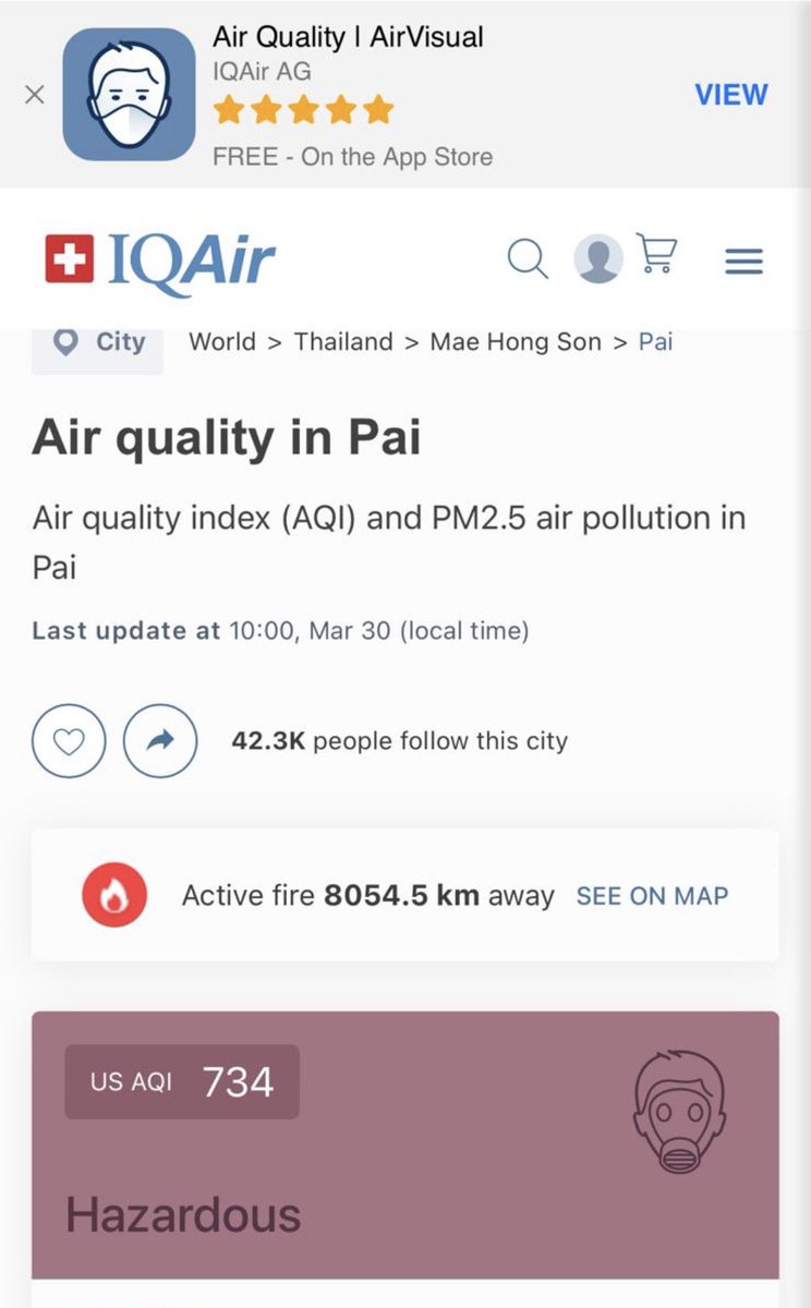 CurtisSChin's tweet image. Ok, this is not a good look. A message to me ⬇️ from a tourist visiting northern #Thailand from Europe. 734?!

“Hi Curtis! Great experience … but I had to leave earlier because the smoke became unbearable”

#airpollution cc: @pakhead @karmanomad @suilee @MayWongCNA @SaksithCNA