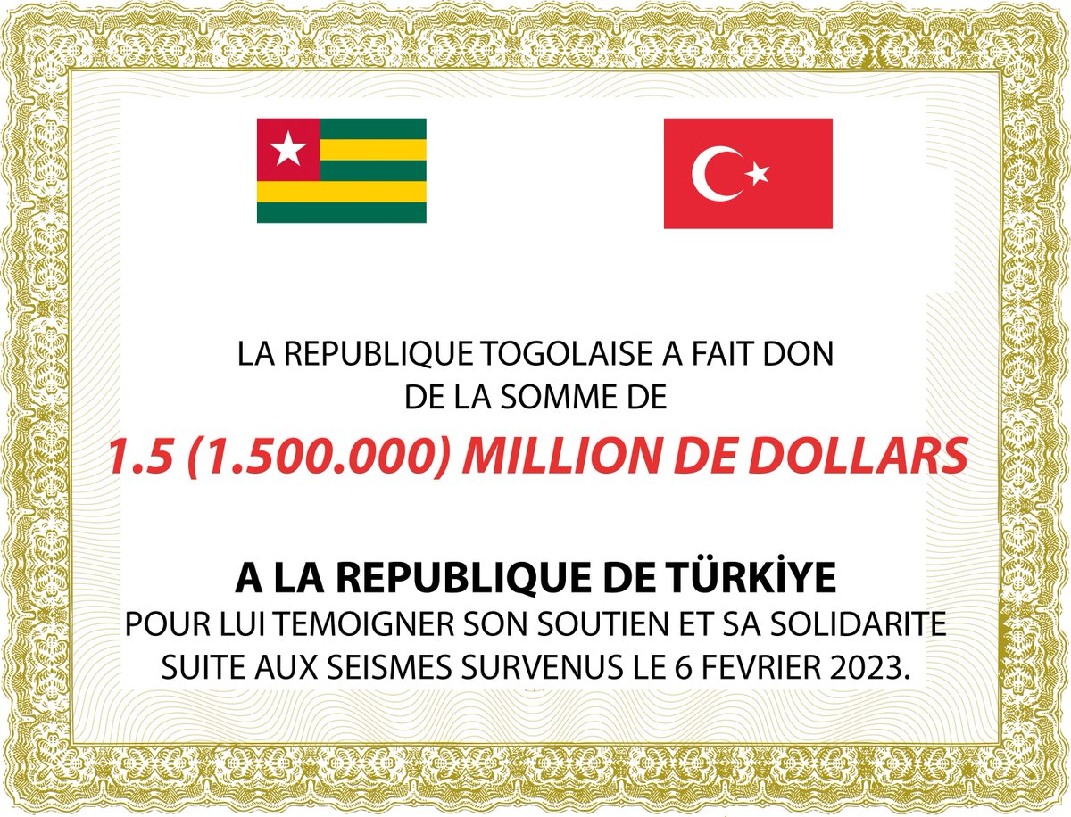 TC_LomeBE's tweet photo. L'Etat togolais a fait don de 1,5 million de dollars pour panser les plaies causées par les tremblements de terre massifs survenus dans notre pays. Nous tenons à remercier l'Etat togolais pour la solidarité et l'amitié dont il a fait preuve. @PresidenceTg @DiplomatieTogo https://t.co/s3oV09dkhW