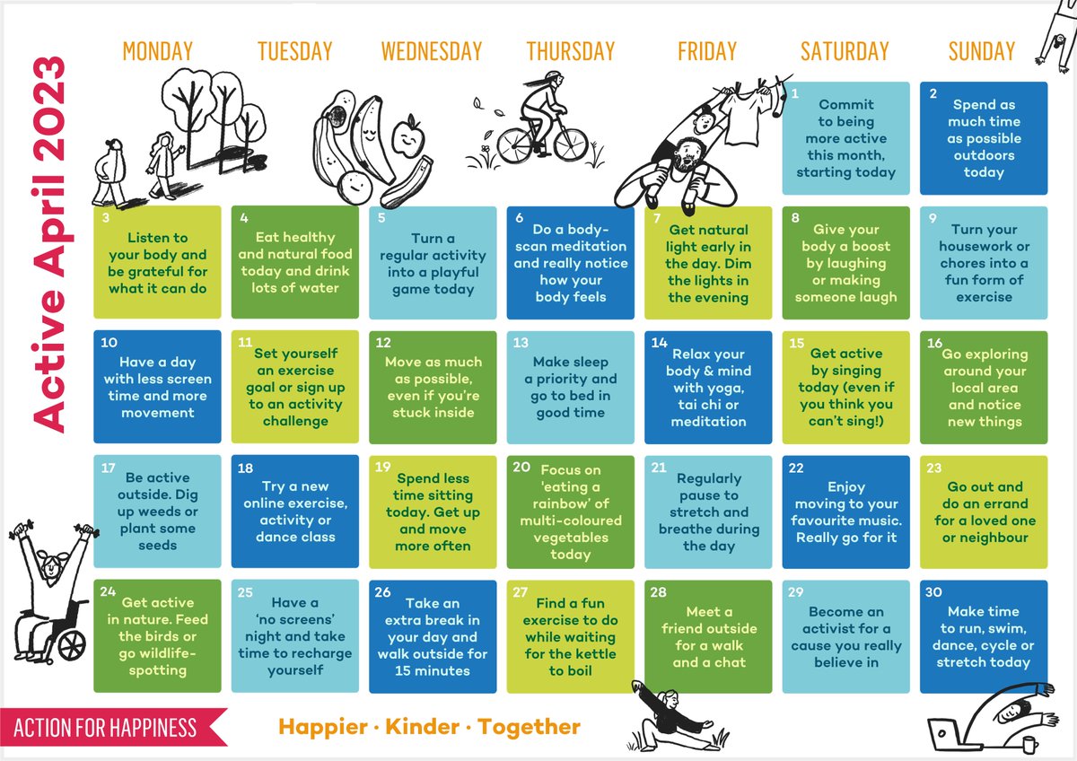 Life is happier when we get outside, move more & stay active 🤸‍♀️🏊‍♂️🚴🏼‍♀️💃🕺🏻☀️ Join us for Active April and help spread the word actionforhappiness.org/active-april #ActiveApril