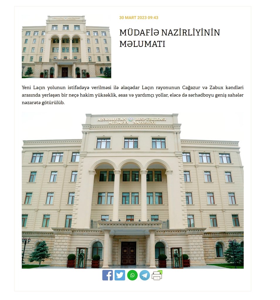 MN-in məlumatı
Yeni Laçın yolunun istifadəyə verilməsi ilə əlaqədar Laçın rayonunun Cağazur və Zabux kəndləri arasında yerləşən bir neçə hakim yüksəklik, əsas və yardımçı yollar, eləcədə sərhədboyu geniş sahələr nəzarətə götürülüb.
mod.gov.az/az/news/mudafi…

#KarabakhisAzerbaijan