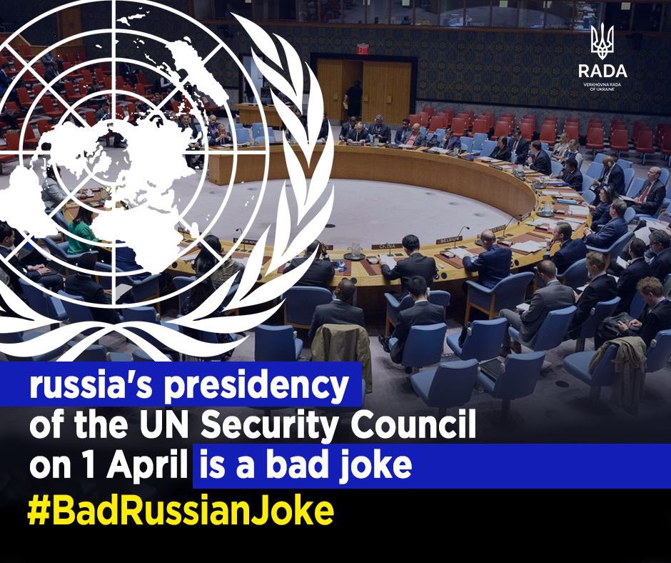 ua_parliament's tweet photo. ⚡️@MFA_Ukraine launched the #BadRussianJoke info. campaign ahead of🇷🇺's presidency of the UN Security Council. More than 30 years ago, 🇷🇺illegally gained a permanent seat in the Council and is using it to destabilise global security.

#BadRussianJoke #InsecurityCouncil https://t.co/tqJA0HRGYX