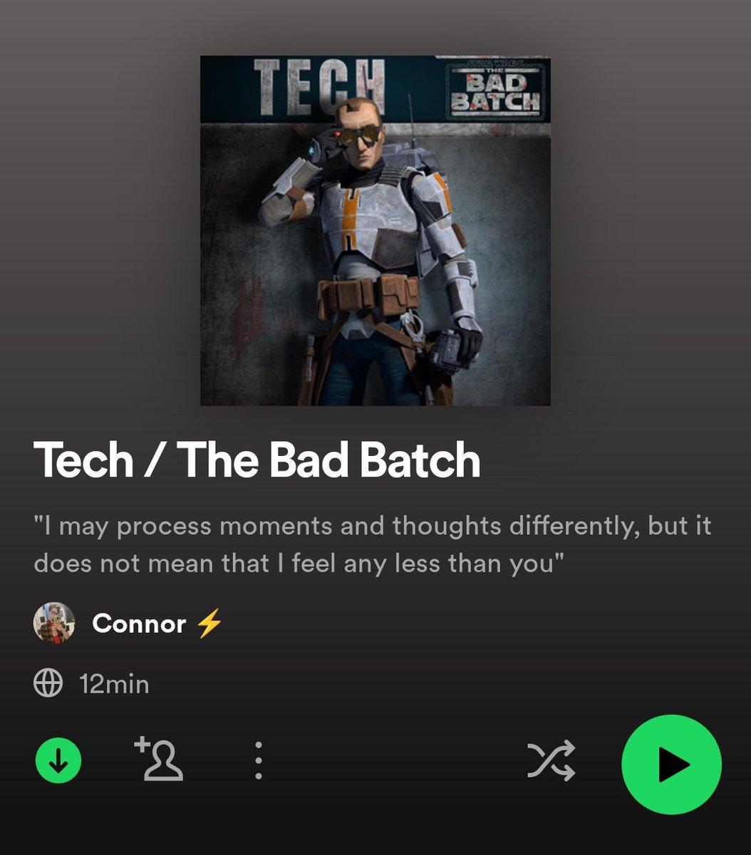 flashct9902's tweet image. So I made a Tech playlist in honour of you know what, but I need some recommendations for songs to add to the playlist. So comment below with songs you relate to Tech #Tech #TheBadBatch #BadBatchTech #StarWars @starwars