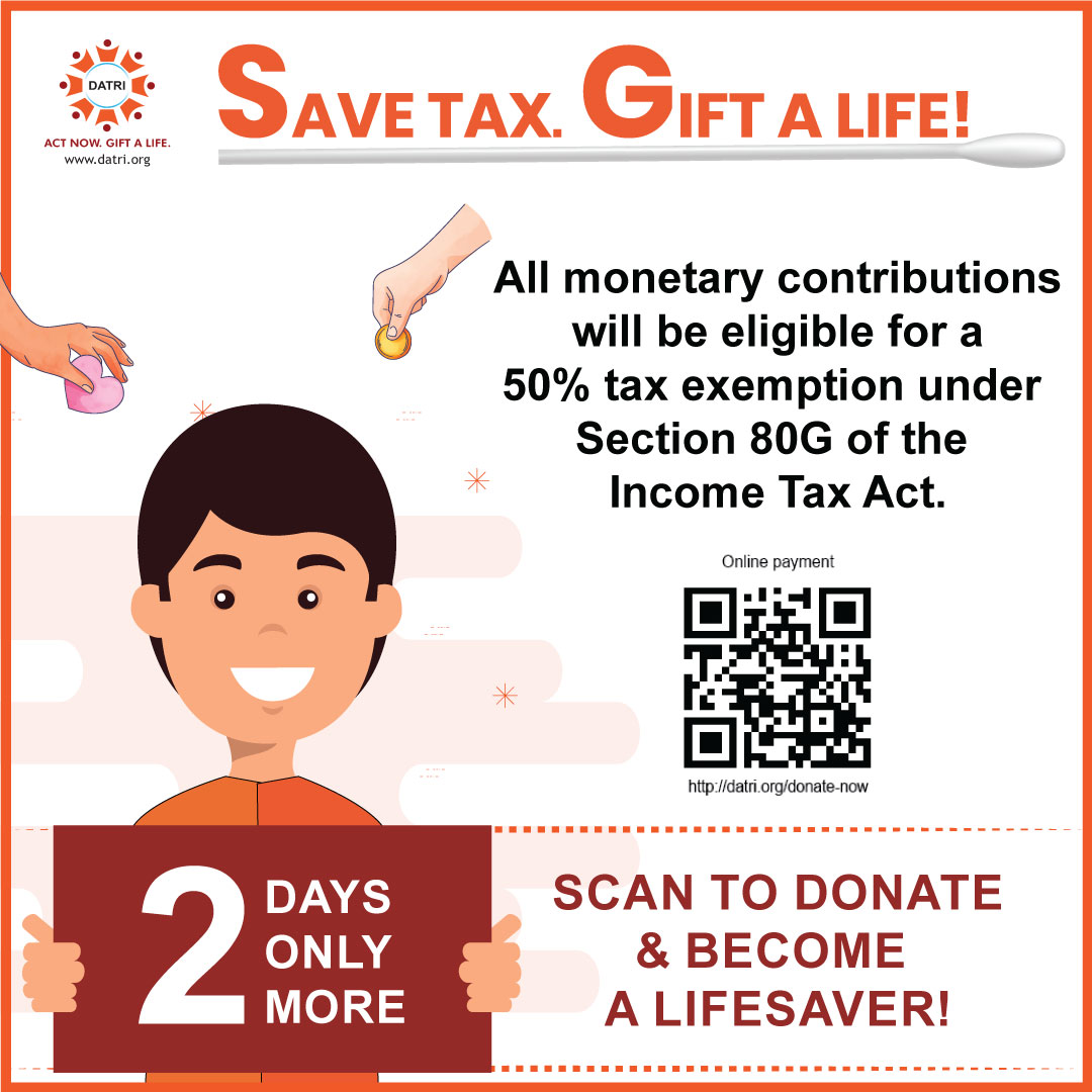 datriworld's tweet image. Just 2 more days to go...
Save your taxes by donating to DATRI.
Save tax &amp;amp; Gift A Life.

bit.ly/savetaxgiftali…

#DATRI #Savetax #savetaxgiftalife