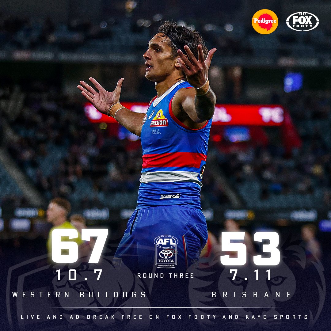 FOXFOOTY's tweet photo. BULLDOG BITE IS BACK!

Jamarra boots five goals as the @westernbulldogs record their first win of 2023, holding off the @brisbanelions. 

✍️ RECAP: https://t.co/APalXOXUsx
🔢 MATCH CENTRE https://t.co/IMYMN8QOQP https://t.co/7lSBUAYd97