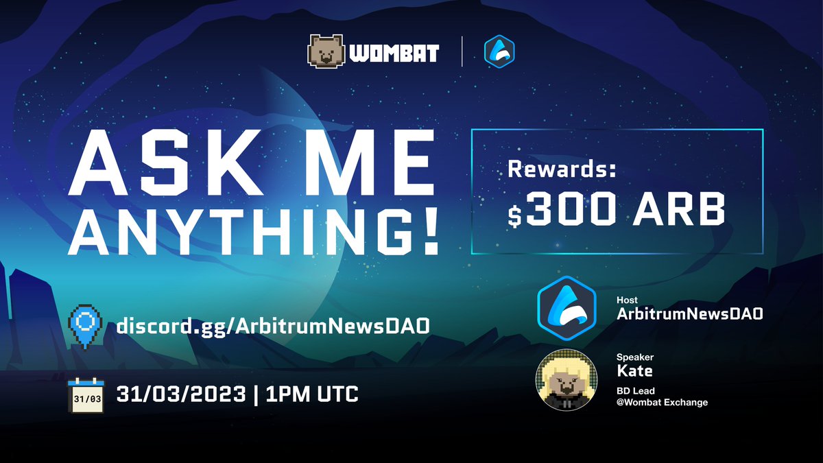 Hey wombats, let's get the party started with <a href="/ArbitrumNewsDAO/">ANDAO (💙,🧡) 🦇🔊</a> 🥳

📢 Join us for an AMA on Discord, this Friday March 31st, 1PM UTC. 

Don't miss the chance to grab a share of $300 $ARB and learn more about our launch on #Arbitrum!

🔗 Invitation link: discord.gg/ArbitrumNewsDAO