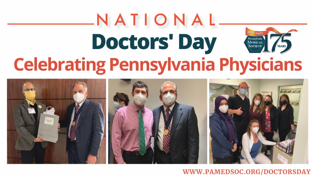 PAMEDSociety's tweet photo. Happy National Doctors’ Day! Today, and every day, we celebrate Pennsylvania’s caring, dedicated, and brilliant physicians! Join the celebration with us across the state today on social media and at https://t.co/3qNWYVDLDl. #DoctorsDay #PAMEDProud #NationalPhysiciansWeek https://t.co/Ogp56mEnO0