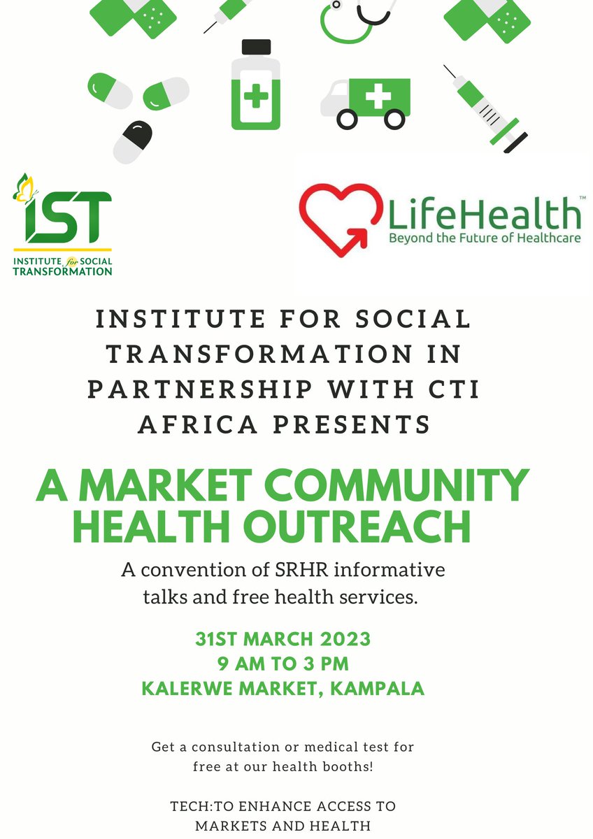 IST_Uganda's tweet photo. Tomorrow is the Day!!!
Over 1,000 market women, adolescent girls, and male vendors (including PWDs) will receive affordable healthcare services during a market health outreach organized by IST in partnership with CTI Africa.
#Tech2AccessMarkets
#Tech2AccessHealth
#WomenInMarkets https://t.co/xFICKARxL9