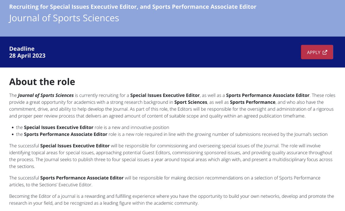 Grant Abt (@grantabt) on Twitter photo The <a href="/JSportsSci/">Journal of Sports Sciences</a> is currently recruiting for a Special Issues Executive Editor, as well as a Sports Performance Associate Editor. Deadline 28 April 2023.
think.taylorandfrancis.com/editor_recruit… The <a href="/JSportsSci/">Journal of Sports Sciences</a> is currently recruiting for a Special Issues Executive Editor, as well as a Sports Performance Associate Editor. Deadline 28 April 2023.
think.taylorandfrancis.com/editor_recruit…