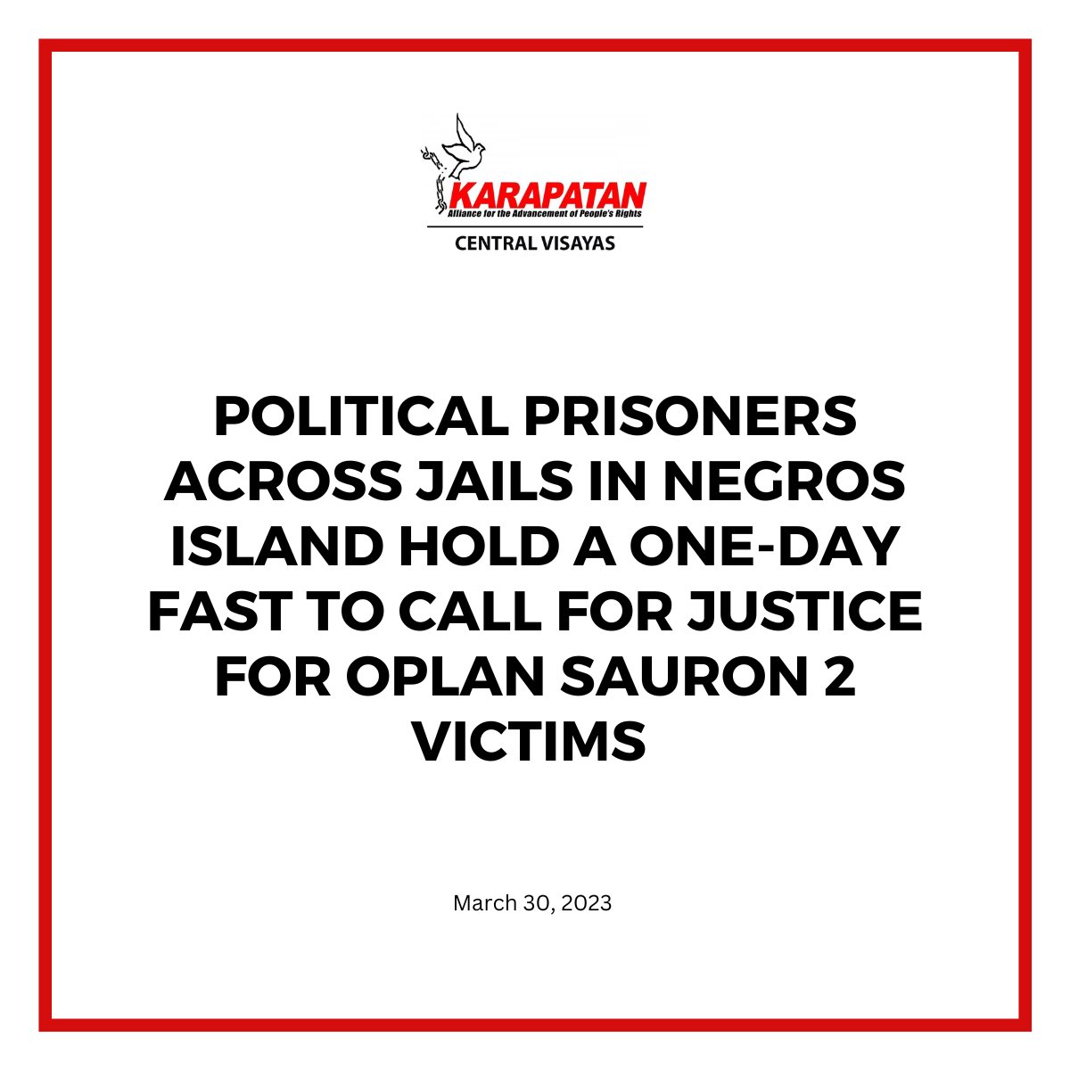 BayanCenvis's tweet photo. FROM KARAPATAN-Central Visayas: Political prisoners across jails in Negros Island hold a one-day fast today to call for justice for Oplan Sauron 2 victims

READ: https://t.co/OLNSQdQZtR https://t.co/CRdklCRSA7