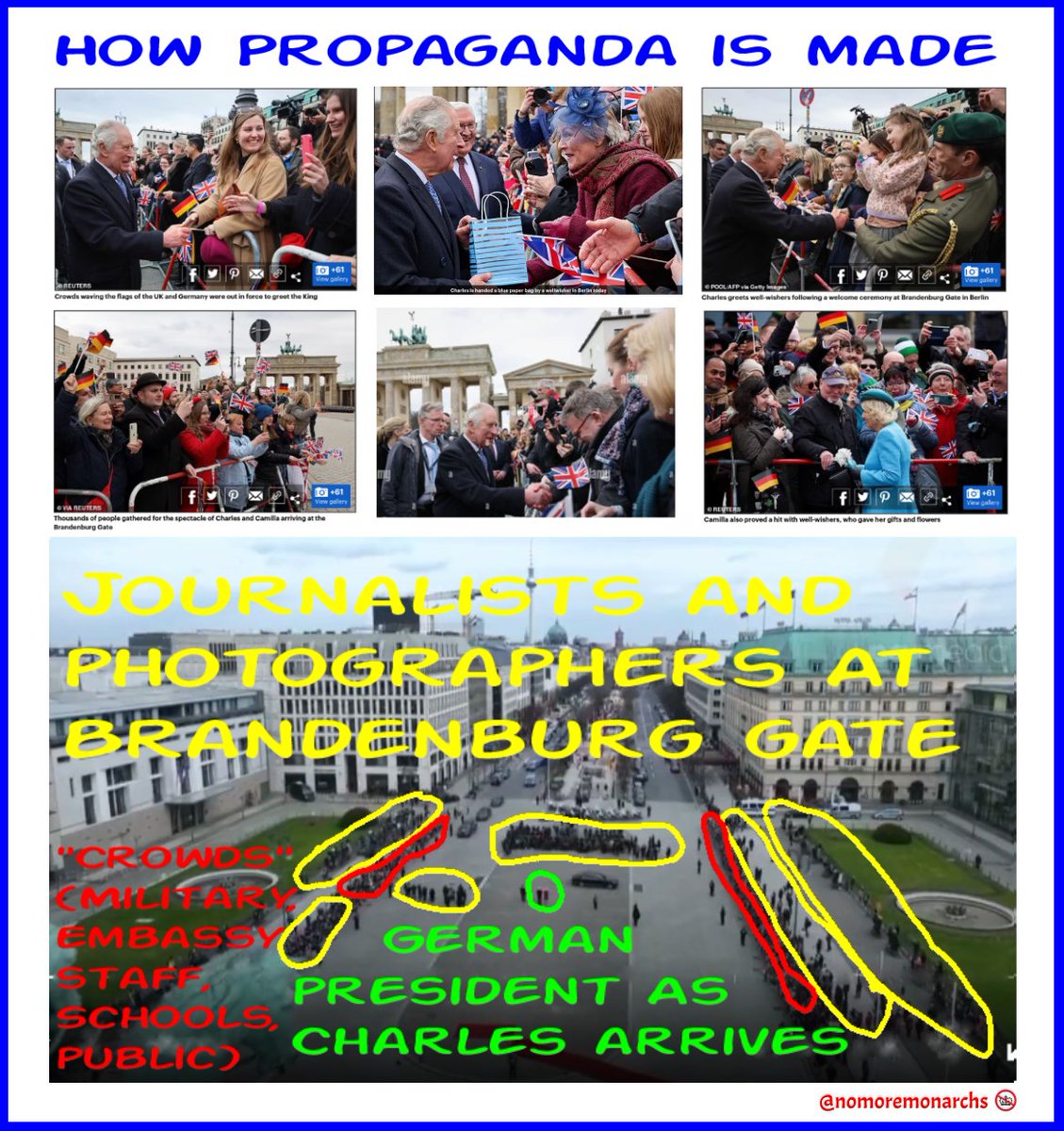 #PropagandaStudies
Don't mistake #royalpropaganda for reality. It's just #PRfakery. Photographers use camera angles & close-ups to suggest 'crowds' when there aren't any.
#Germany #BrandenburgGate #RoyalVisitGermany #neindanke #NotMyKing #NoMoreKings #NMK 
#NeinzuKönigen