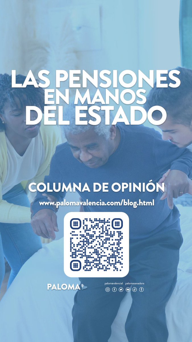 PrensaPalomaV's tweet photo. “La apuesta es que los jóvenes tendrán que  pagar las pensiones de quienes estamos hoy ahorrándolas.  El cambio demográfico indica que los futuros viejos no tendrán pensión con esta reforma” Paloma V.

Mira la columna completa escaneando el código Qr
⬇️⬇️
https://t.co/EetJA6pjqT https://t.co/XN53gm8mH4
