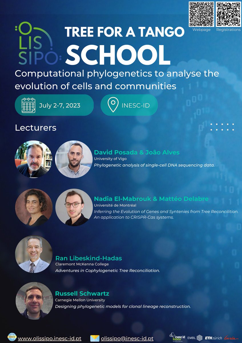 Registrations for the Tree for a Tango #School are open! 📢Computational #phylogenetics to analyse the evolution of cells and communities 🗓️2-7 July 🧑‍🏫@dposada_, Nadia El-Mabrouk, Ran Libeskind-Hadas and Russell Schwartz, João Alves and @matteodelabre 📰olissipo.inesc-id.pt/tree-tango-sch…