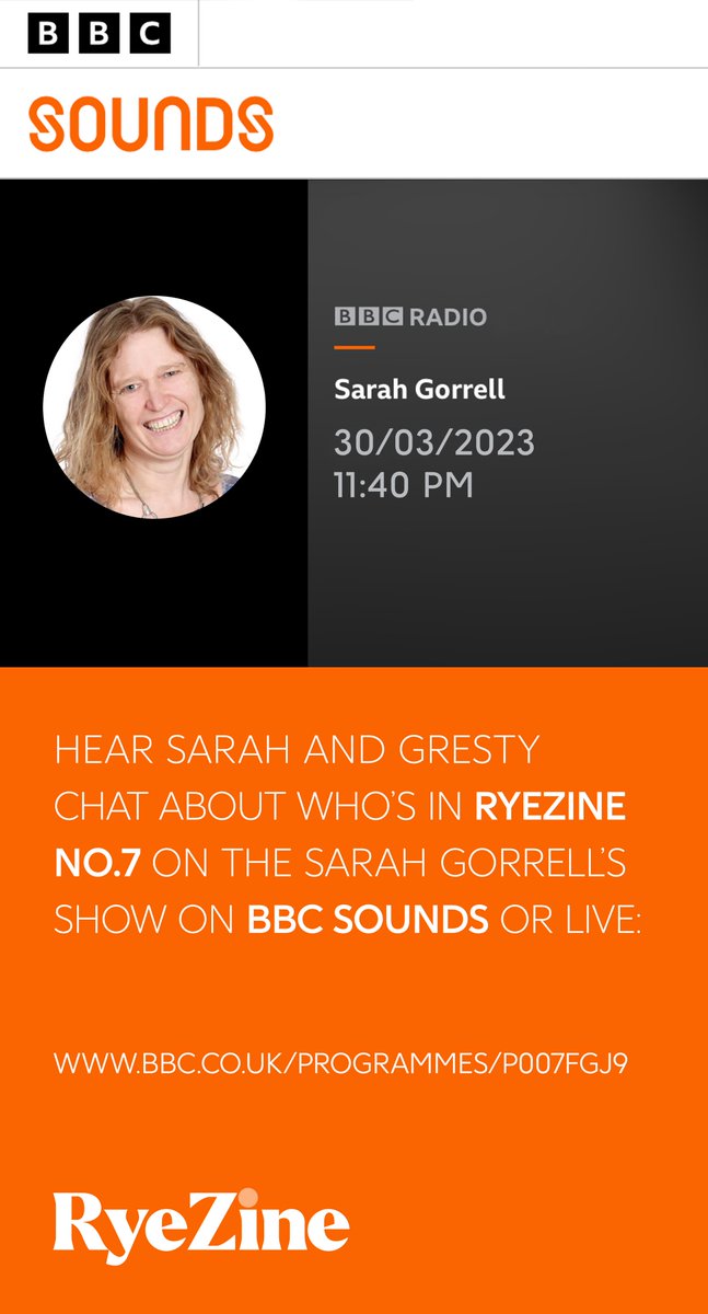 Hear about RyeZine No.7
Listen from 11:40 am
bbc.co.uk/sounds/play/li…

<a href="/sarahjgorrell/">sarah gorrell</a>