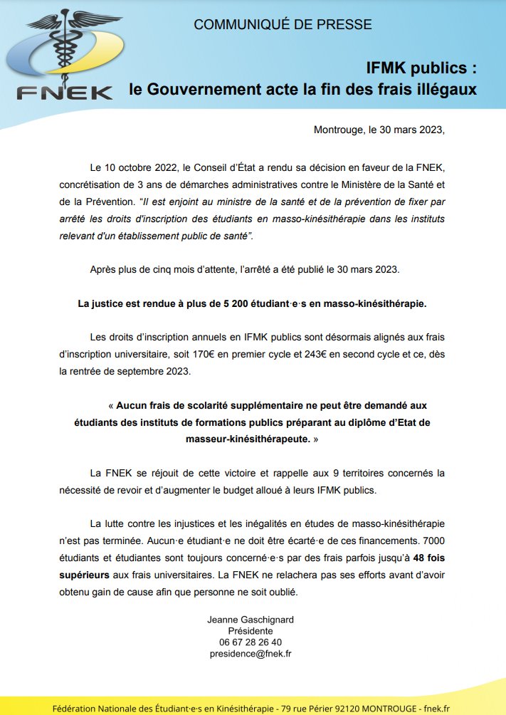 La_FNEK's tweet image. #CDP | Victoire de la FNEK : le ministère @Sante_Gouv a fixé les frais de scolarité en IFMK publics 🎉

Justice est faite pour 5200 #EtuKinés !

Le combat continue contre les inégalités en étude de #kinésithérapie ✊ 

Si ce n'est pas à frais #universitaires, c'est trop cher ‼️