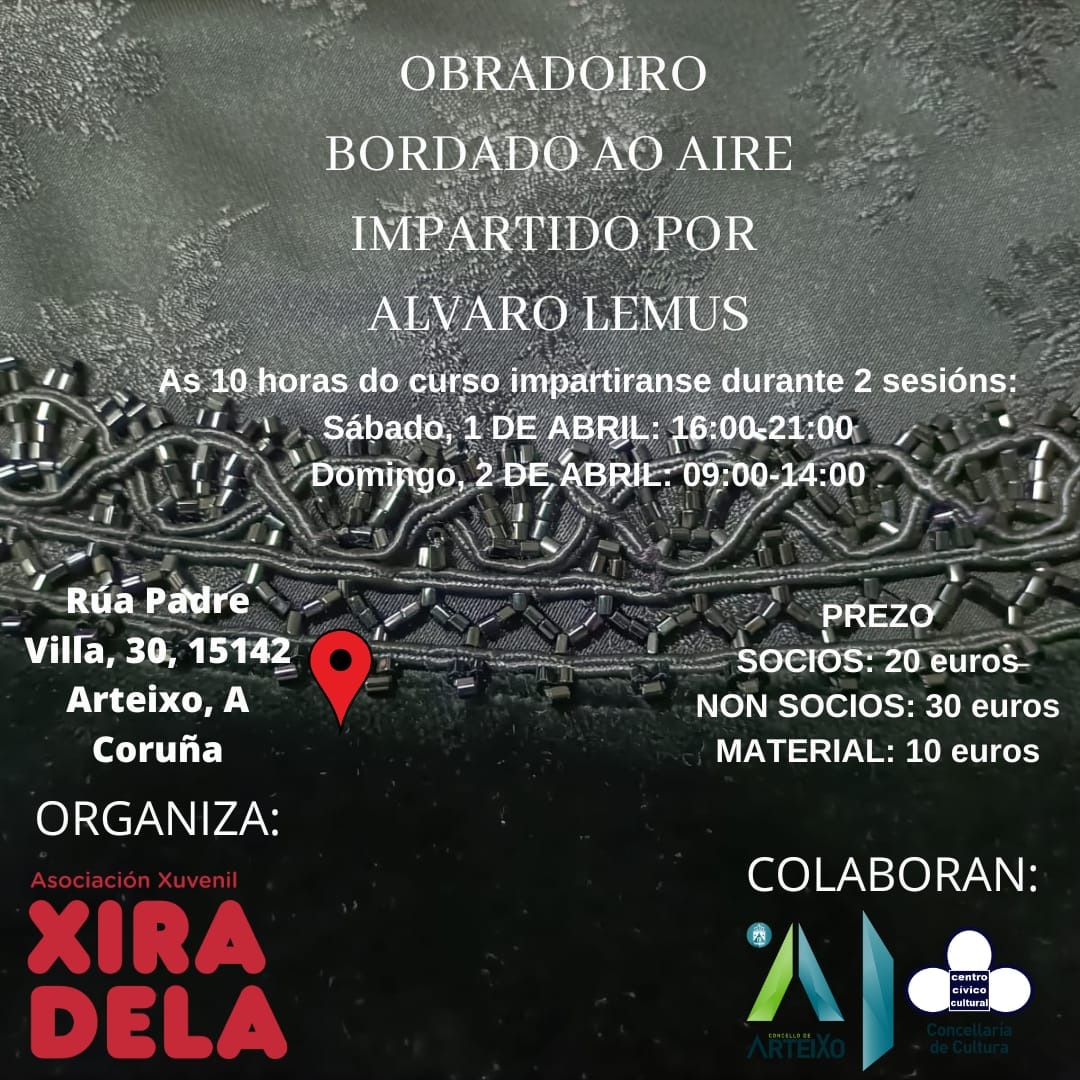 Vaise impartir o obradoiro de "Bordado ao aire" o sábado 1 de abril e o domingo 2 de abril , nas instalacións de Xiradela. Vaino impartir @du_artis_academia .
Toda información tedela na nosa web.
Bulide!!!
#culturaarteixo #concellodearteixo