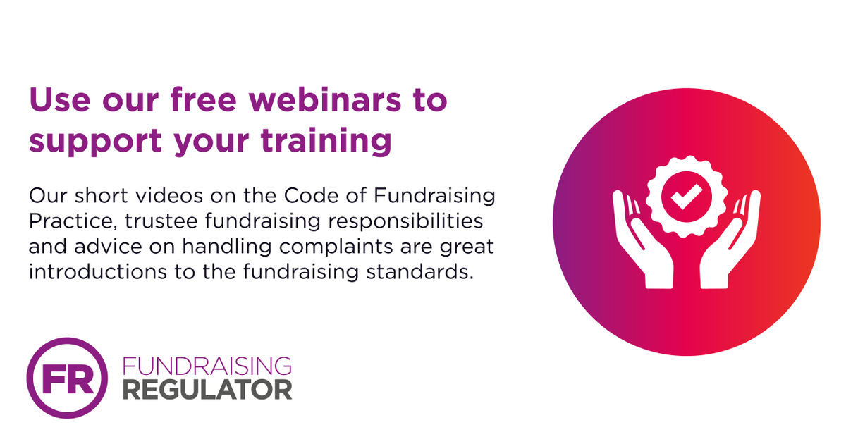 FundrRegulator's tweet photo. Our short webinar videos are great introductions to the #CodeOfFundraisingPractice for new staff, trustees and volunteers. Please use these free resources as part of your ongoing training https://t.co/oBG1y9djpz https://t.co/LU33erylig
