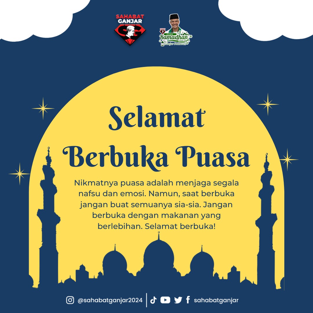 Semoga Buka Puasa Ini Menyenangkan, Menyehatkan dan Mengisi Hidupmu Dengan Penuh Keberkahan Ramadhan.

Selamat Berbuka Puasa Sahabat !

#sahabatganjar #ganjarpranowo #ganjar