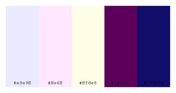 ColPaletteBot's tweet photo. Beep beep, here's a pretty color palette for you! 

color-scheme.js parameters used: 
- hue: 106
- variation: hard
- colors: #e9e9ff, #ffe6ff, #fffde6, #5d005c, #100e6a

Have a lovely day!

#twitterbot #colorpalette #colors #palette #prettycolors https://t.co/pev7qZmmbP