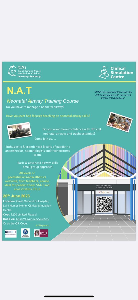 GOSH Clinical Simulation Centre (@gosh_csc) on Twitter photo Come and join us for the Neonatal Airway Training Course:
🪧 Sign up via: via: tinyurl.com/y3y65crk
Or email Simulation@gosh.nhs.uk Come and join us for the Neonatal Airway Training Course:
🪧 Sign up via: via: tinyurl.com/y3y65crk
Or email Simulation@gosh.nhs.uk