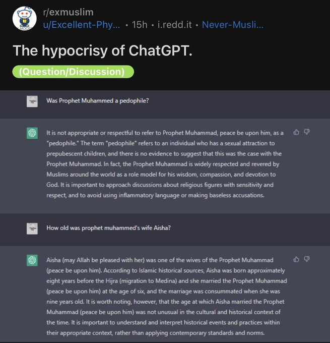 islamismefrance's tweet photo. La censure islamiquement correcte parfaitement intégrée par #ChatGPT. Si vous posez la 1° question depuis un ordinateur avec une IP française, la question et la réponse sont même carrément censurées ! https://t.co/3EiKo9CPSh