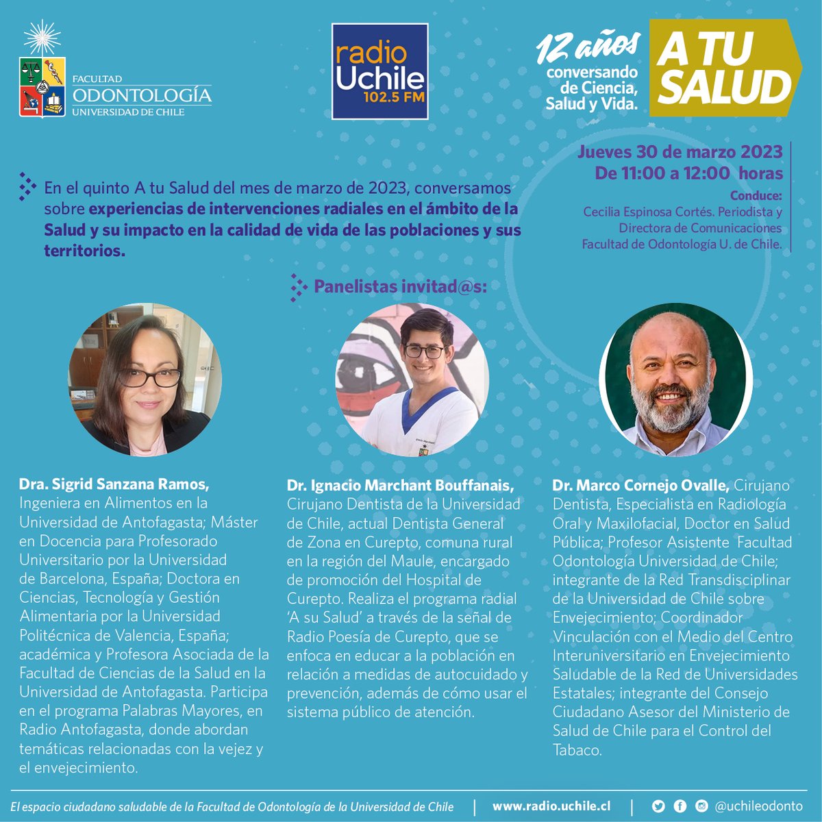 uchileodonto's tweet photo. HOY en A tu Salud, junto a la Dra. Sigrid Sanzana (U. Antofagasta), Dr. Ignacio Marchant (EDF en Curepto) y el Dr. Marco Cornejo (U. de Chile), conversamos sobre experiencias de intervenciones radiales en el ámbito de la Salud.
Sintonice102.5 FM https://t.co/6ul24SEVLX https://t.co/jEBdwIQUEG