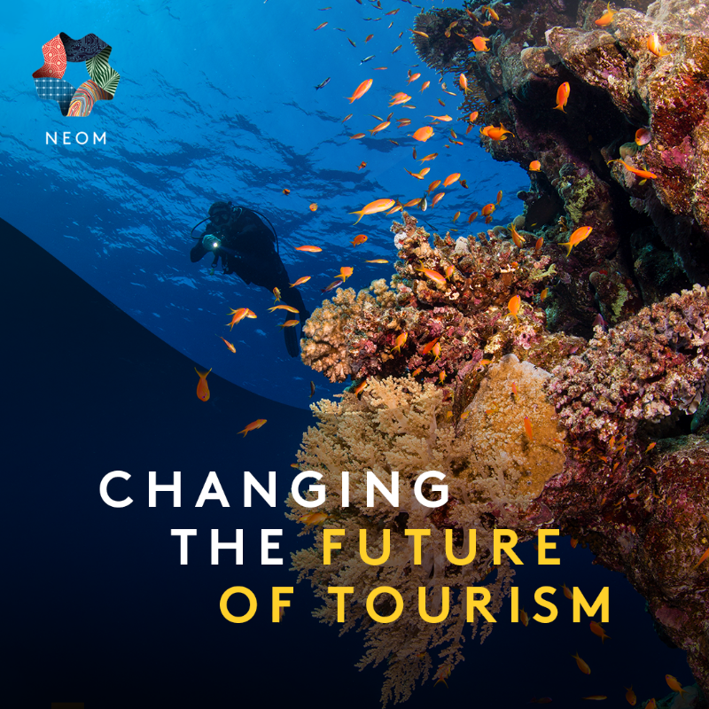 NEOM's tweet photo. The world demands change. We’re here to bring it. #NEOM is committed to better, smarter and greener travel, powered by next-gen and regenerative tourism.