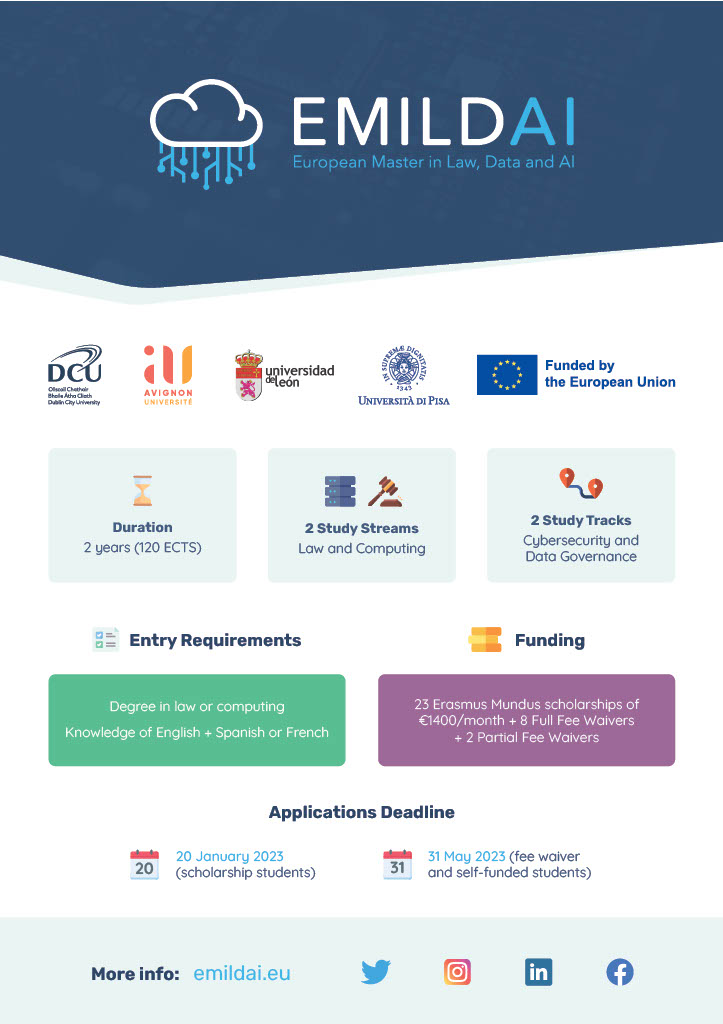 Applications for the European Master in #Law, #Data, and #AI will reopen for fee waiver and self-funded students on the 24th of April and will close on the 31st of May ‼️

Applications will be assessed on a rolling basis 

See our website for more details:
emildai.eu