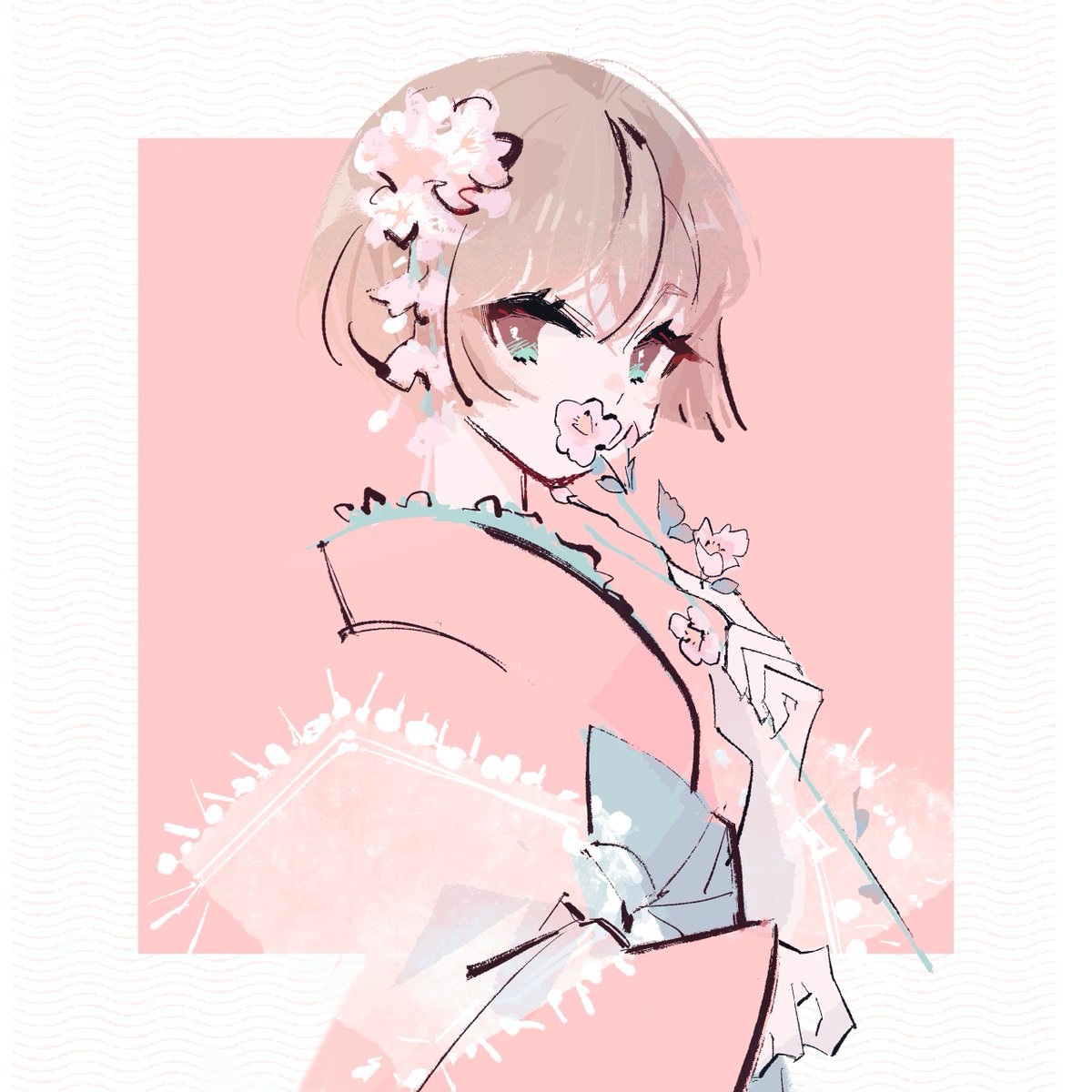 1girl solo japanese clothes flower kimono pink kimono short hair  illustration images