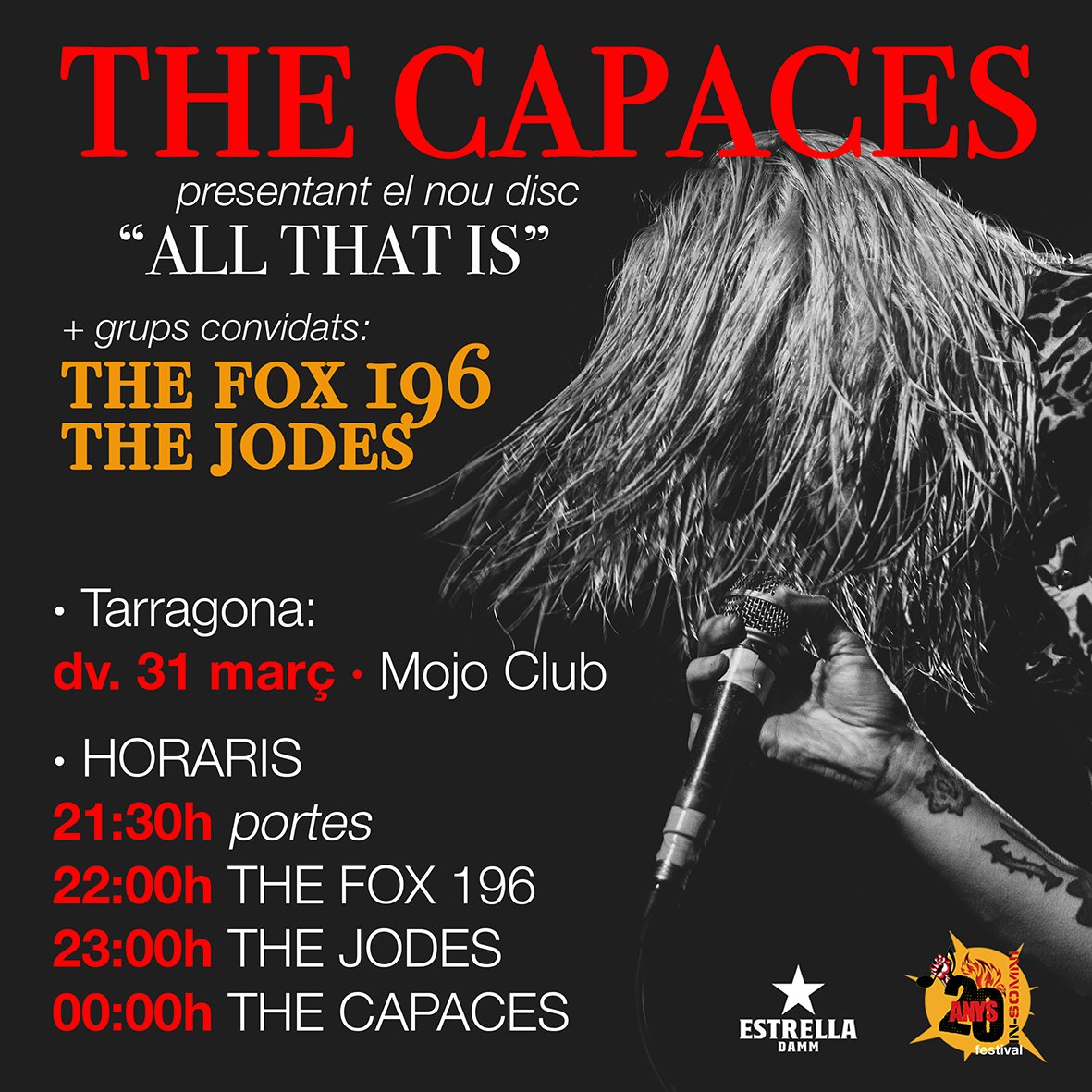 InSomniFestival's tweet photo. 20è ANIVERSARI de l'IN-SOMNI ab
💥#TheCapaces + @TheFox196 + #TheJodes a @MojoClub (al Port Esportiu) #Tarragona #Punkrock
@diaridtarragona @tarragonaradio @TGNdigital @TGNcultura @TGNturisme @diarimes @RadioTarragona @TGNturisme @RadioTarrega
(foto @mikelsolitario) https://t.co/spywMAdpdR