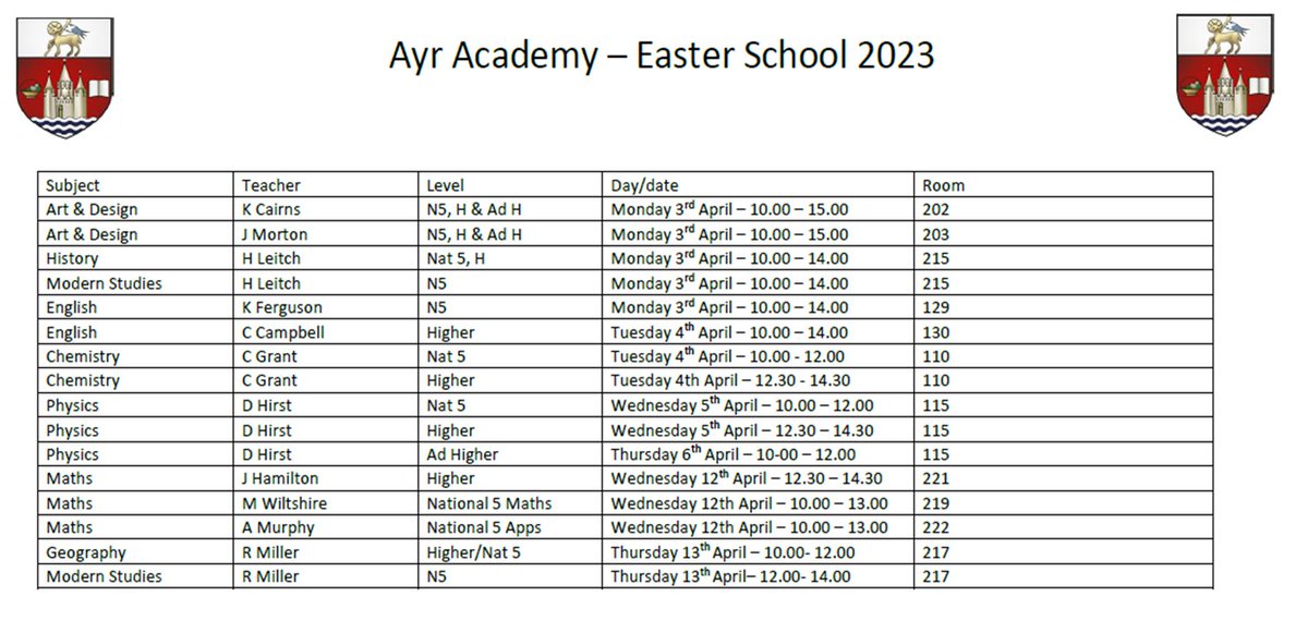 Ayr Academy (@ayr_academy2016) on Twitter photo *Reminder* Easter School will run through the Easter holidays for National 5, Higher and Advanced Higher pupils. See the timetable for days β¬οΈ Whitletts Vics in the Community <a href="/in_vics/">Whitletts Vics In The Community</a> are providing lunch and snacks for each day pupils attend. Get involved! #believeachieve #study *Reminder* Easter School will run through the Easter holidays for National 5, Higher and Advanced Higher pupils. See the timetable for days β¬οΈ Whitletts Vics in the Community <a href="/in_vics/">Whitletts Vics In The Community</a> are providing lunch and snacks for each day pupils attend. Get involved! #believeachieve #study