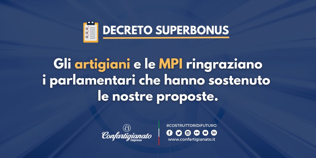 🔵 L'iter del #DLSuperbonus continua con i risultati ottenuti da #Confartigianato: 

🏡 proroga #superbonus per villette unifamiliari,
♿️ conferma #bonus per #barrierearchitettoniche ed #edilizialibera,
📊 #qualificazioneSOA,
📰 rateizzazione crediti 10 anni.
#NoiConfartigianato