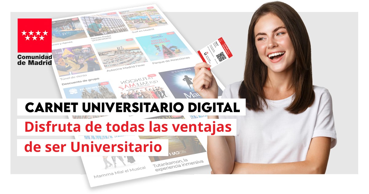 madrimasd's tweet photo. 🔴Si formas parte de la comunidad universitaria de la @ComunidadMadrid descárgate tu Carnet Universitario Digital y accede a los mejores planes pensados para ti.
🎙️https://t.co/AIaT6GpOzF https://t.co/jWGtHGz4pZ
